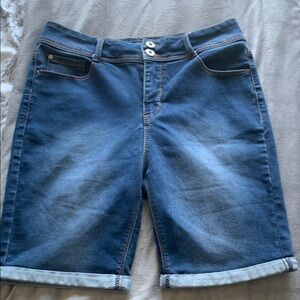 Thorn Distressed High Rise Blue‎ Denim Bermuda cuffed Shorts 12 Curvy Fit Summer